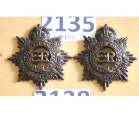 Corps Collar Badge Pair-Royal Army Service Corps-KC, Bronze,ER Cypher - Pair            