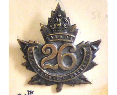 Canada - 26th Battalion CEF (New Brunswick Battalion), Officers Cap Badge - Bronze, KC