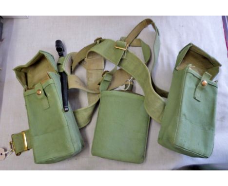 British WWII Webbing including: A 'Pig stick' bayonet frog, water flask, two side pouches and cross straps. 