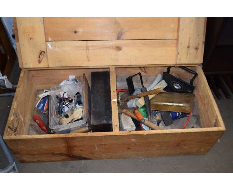 A low wooden storage box and assorted household contents, tools etc