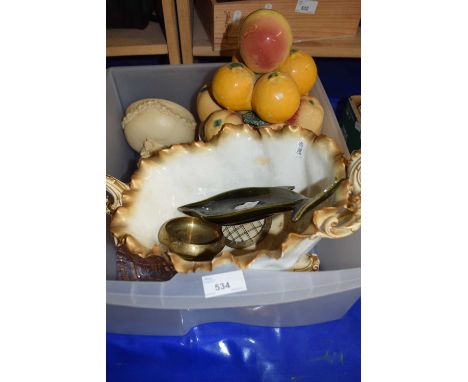 Mixed Lot: Porcelain model fruit, a Moore Bros centre piece (cracked), peach glass dressing table set and other items