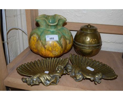 Two Art Nouveau style metal dishes together with a tea caddy and a Cromer vase