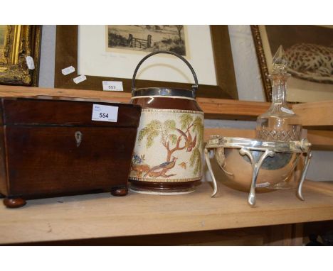 Mahogany tea caddy, tobacco jar, muffin dish and decanter