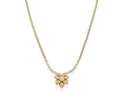 the central section realistically modelled as a floral motif set throughout with round brilliant cut diamonds, in yellow pavé