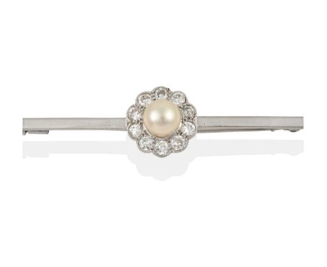 the cultured pearl within a border of old cut diamonds, in white millegrain settings, to a tapered bar, total estimated diamo