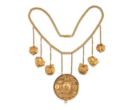 the yellow reticulated disc mounted with auspicious objects to a curb link chain hung with six charms depicting peaches, carp