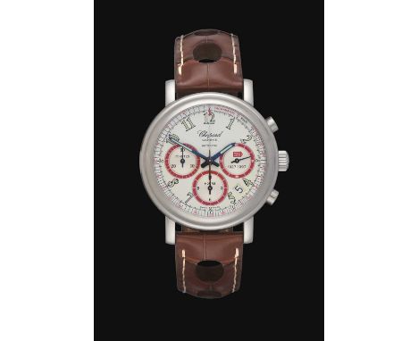 lever movement, white dial with luminous Arabic numerals, three red chapter ring dials for seconds, 30-minute and 12-hour reg