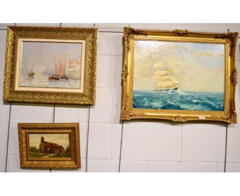 R. Barrett (20th century) A sailing ship at sea, signed and dated '91, oil on board, 44cm by 60cm; together with another work