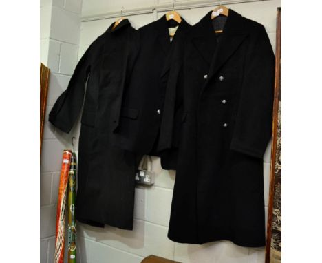 A British Railways mackintosh coat with Greengate label; and a British Railways overcoat; jacket and waistcoat 