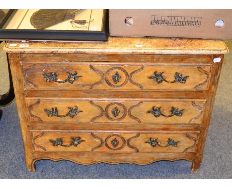 A French painted commode, 18th/19th century, marbled top, three long drawers, gilt metal handles and escutcheons, shabby-chic