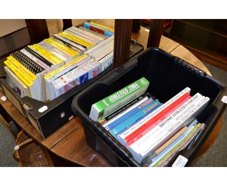 Two boxes of books on British Athletics and cricket, a box of ordnance survey maps together with a Wullie's Choice Pure Scotc