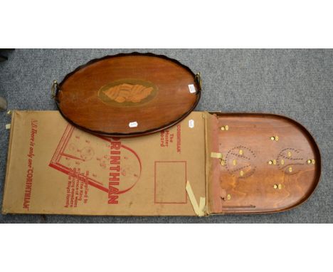 A Corinthian bagatelle board, original box; and an Edwardian gallery tray 
