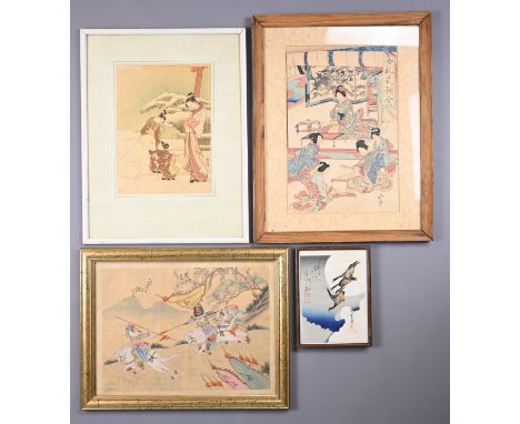 FOUR FRAMED CHINESE AND JAPANESE ARTWORKS AND PRINTS. To include: Chinese painting of a battle scene, colour and ink painting