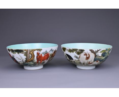 TWO CHINESE PORCELAIN  BOWLS, 20TH CENTURY . Each with apocryphal four character Qianlong seal mark in red enamel, the first 