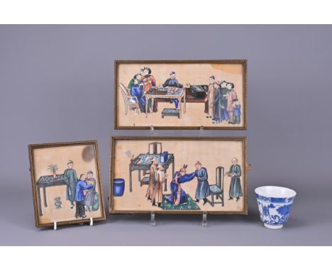 THREE FRAMED CHINESE RICE PAPER PAINTINGS AND A CHINESE PORCELAIN BLUE AND WHITE BEAKER, QING DYNASTY. The paintings in gouac