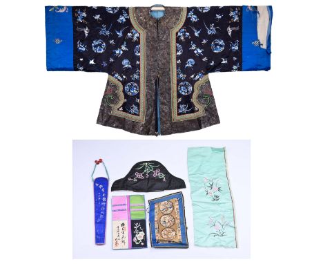 A CHINESE EMBROIDERED SILK BLACK-GROUND JACKET, A GROUP OF EMBROIDERED PANELS AND FRAGMENTS AND THREE SILK SCROLL HANGINGS, E