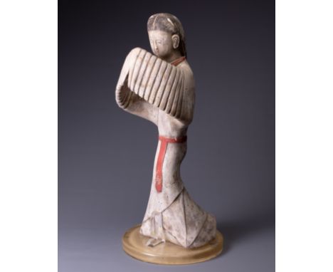 A LARGE CHINESE PAINTED POTTERY FIGURE, WITH TL TEST AS HAN DYNASTY (208BC - 220AD). Modelled with her arms raised before her