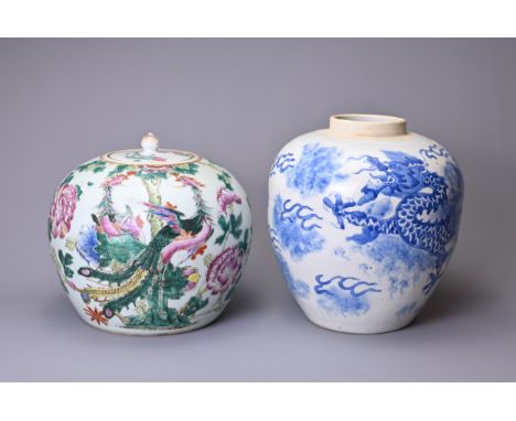 TWO CHINESE PORCELAIN JARS, QING DYNASTY AND LATER. A famille rose jar and cover decorated with phoenix and large peony bloom