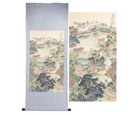 CHINESE SCROLL PAINTING OF SUZHOU GARDEN, ink and colour on silk, inscribed and dated 2000 with red seal mark upper right sid