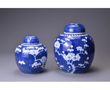 TWO CHINESE BLUE AND WHITE PORCELAIN GINGER JARS AND COVERS, 19TH CENTURY. Of globular form with prunus decoration and double