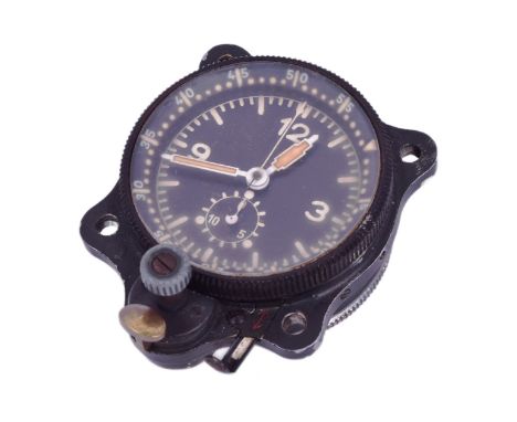 A WWII Second World War Third Reich Luftwaffe aircraft cockpit clock by Junghans. Stamped to the movement “J 30 BZ”. Dial wit