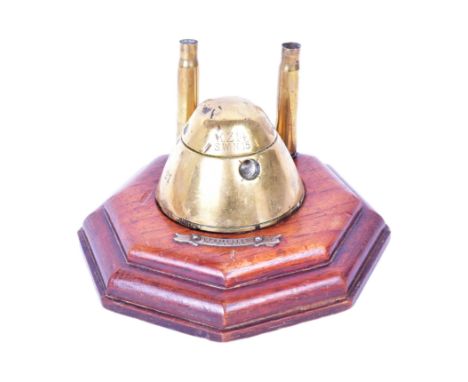 A WWI First World War Imperial German / Prussian artillery trench art in the form of a ink pot with two bullet pen holders. M