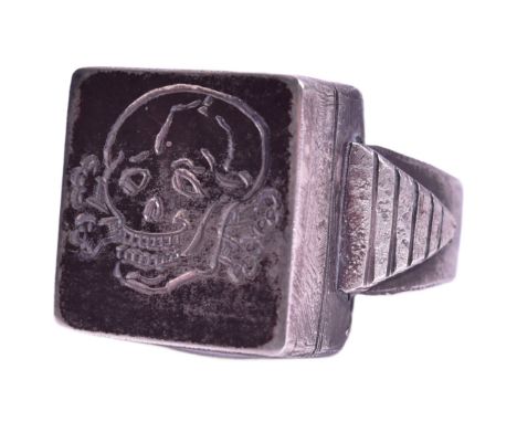 A WWII Second World War Third Reich Nazi German Waffen SS Officers bespoke made Totenkopf (Deaths Head) ring with a secret co