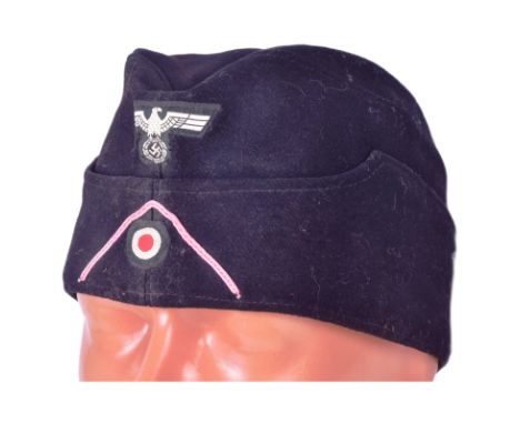 A WWII Second World War Third Reich Nazi German Enlisted Mans / NCO's Heer Panzer / Tank side cap. Navy fabric with front app