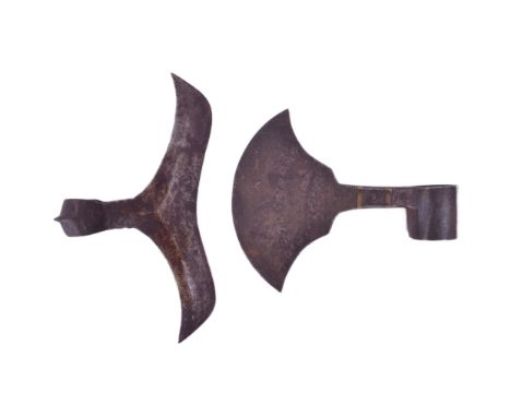 Two early 20th Century axe heads comprising a double crescent shaped Indian tribal Bulova / Bullova axe from Chota Nagpur and