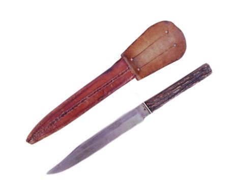 A 19th Century Victorian Sheffield made Bowie knife. Two piece horn grip, cross guard and clipped blade marked for Sheffield 