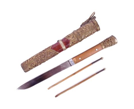 A vintage Chinese travelling knife and bamboo chopsticks set (Trousse) housed in a wooden scabbard with decorative brass moun