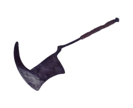 An early 20th Century Kirdi People ( Cameroon ) axe. Stylized iron head with a woven leather grip. Measures approx 49cm.  If 