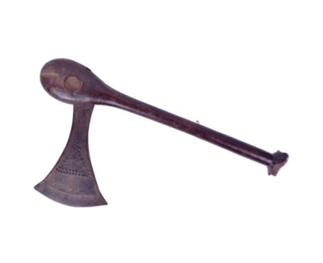 A 19th Century Central African (Congo) Songye / Nsapo People ceremonial axe. Crescent shaped iron head with pierced circles m
