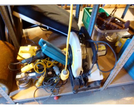 Evolution bench chop saw, collection of electric drills - various makes including Bosch, Makita, Bosch GEX150 ACE sander all 
