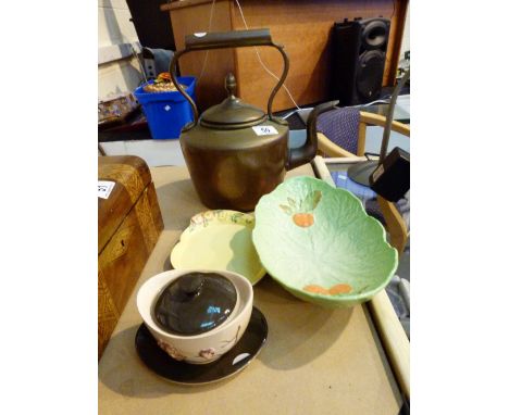 Copper kettle and three pieces of Carltonware