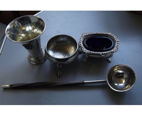 Two silver salts, a Georgian silver toddy ladle with Baleen handle to include a continental silver vase