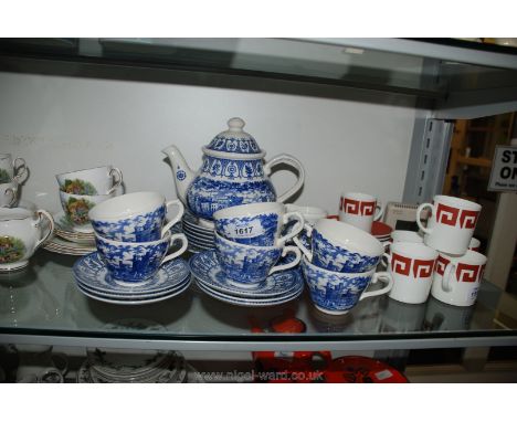 An England 1977 Jubilee Broadhurst blue and white Teaset including teapot, large plate, milk jug, sugar bowl, six tea cups, s