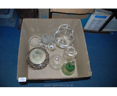 A box of miscellaneous glass, ten items, one item being vase and glass lid and one item biscuit barrel with EPNS lid.