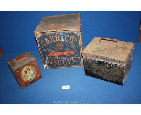 Three vintage biscuit and tea caddy Tins including first aid box.