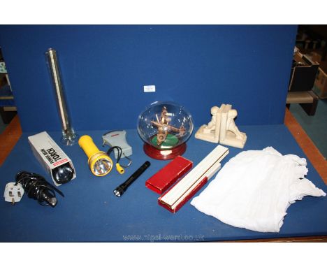 A quantity of miscellaneous to include a pair of bookends depicting children, a Rapula hanging scales, a child's nightdress, 