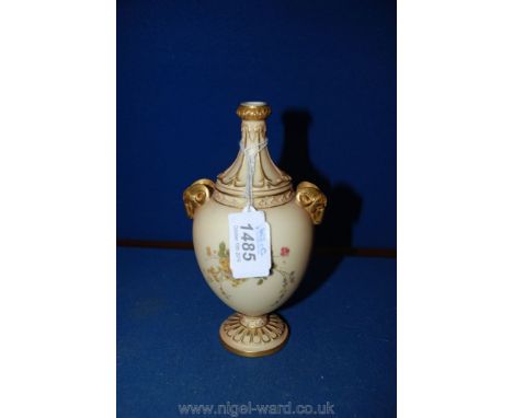 A Royal Worcester blush ivory elaborately moulded baluster shape Vase, hand-painted with Summer flowers and wonderful rams' h