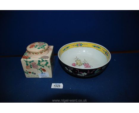 An Oriental bowl and a ceramic Satsuma tea caddy