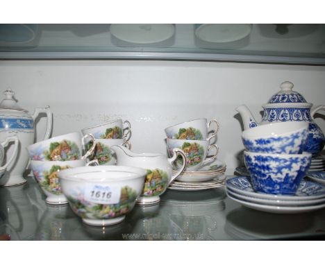 A Royal Vale Cottage design bone china Teaset including large plate, milk jug and sugar bowl, six tea cups, saucers and plate