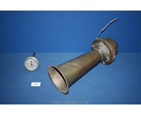 A Smiths old brass Klaxon Horn and thermometer.