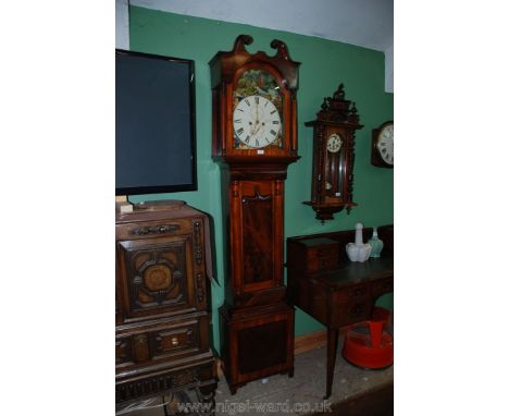 A Mahogany cased longcase Clock having an elaborately decorated painted face with Roman numerals and depicting naive colourfu