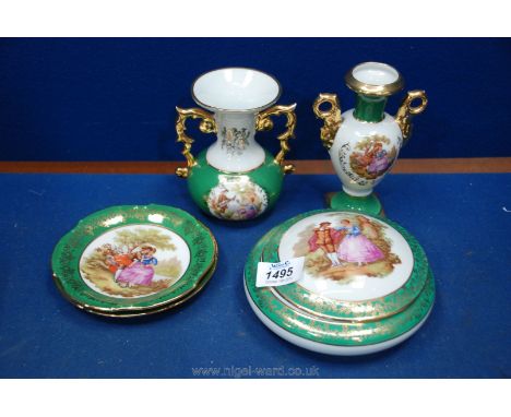 Five pieces of Limoges china including large lidded powder pot, two vases and two saucers.