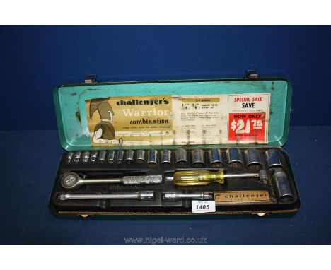 A U.S.A./American made "Challenger Fine Tools" No. 2095 set of 1/4" and 3/8" square-drive sockets, 24 pieces including the st