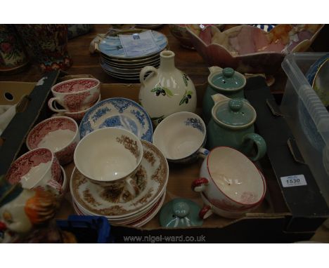 A quantity of china to include two Denby coffee pots, olive pot, six Masons cup and saucers in mixed colours, etc.