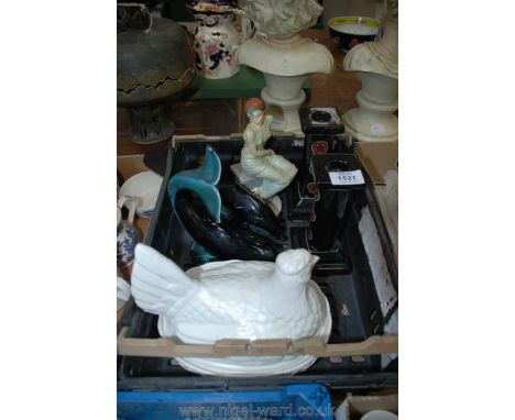 Two Poole pottery dolphins, white chicken basket, Royal Doulton classic 'Eve' etc.