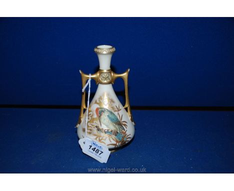 A Royal Worcester blush ivory twin handle bottle Vase with hand painted and realistic image of a (NOT A Kingfisher) ***Woodpe